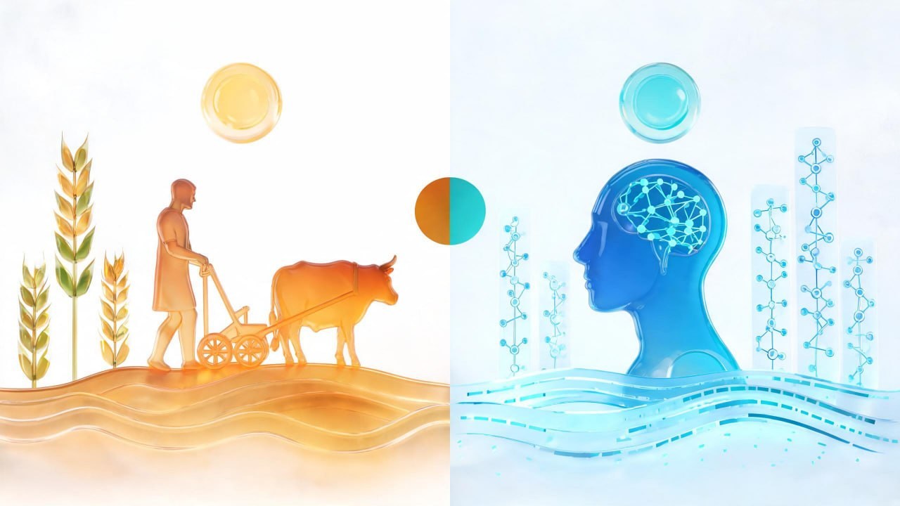 An image split down the middle into two contrasting glass-like, translucent artistic styles, representing a transition from traditional agriculture to advanced technology. Left Side (Warm Orange/Gold Theme): Depicts a traditional farming scene under a glo